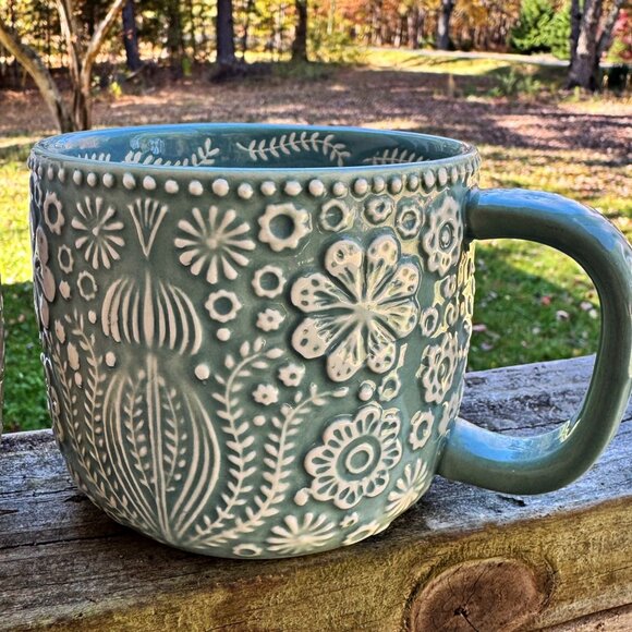 World Market “Jolly Hearts” Mugs, Lt Blue/White and Pink/White Floral Embossed - Picture 6 of 11